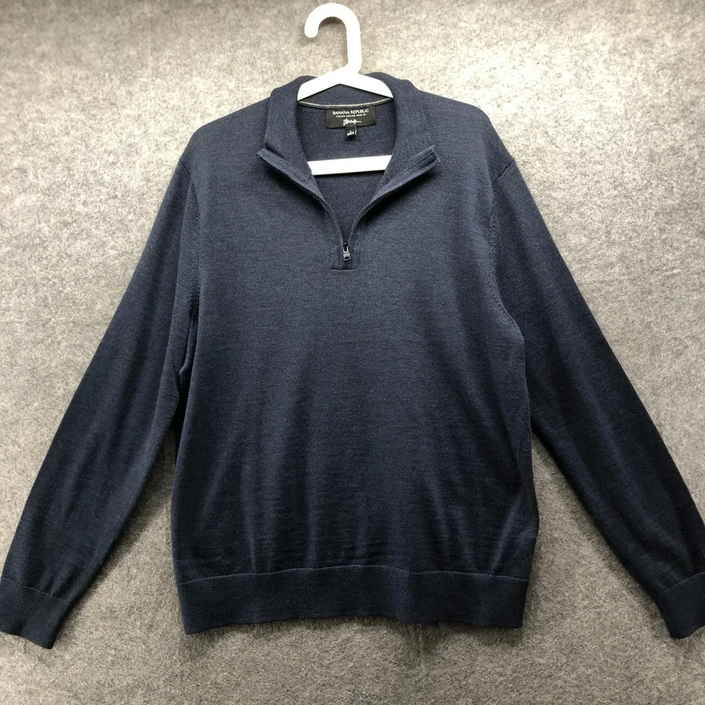Banana Republic Quarter Zip Sweater Mens L Navy Blue Merino Wool Italian Baruffa